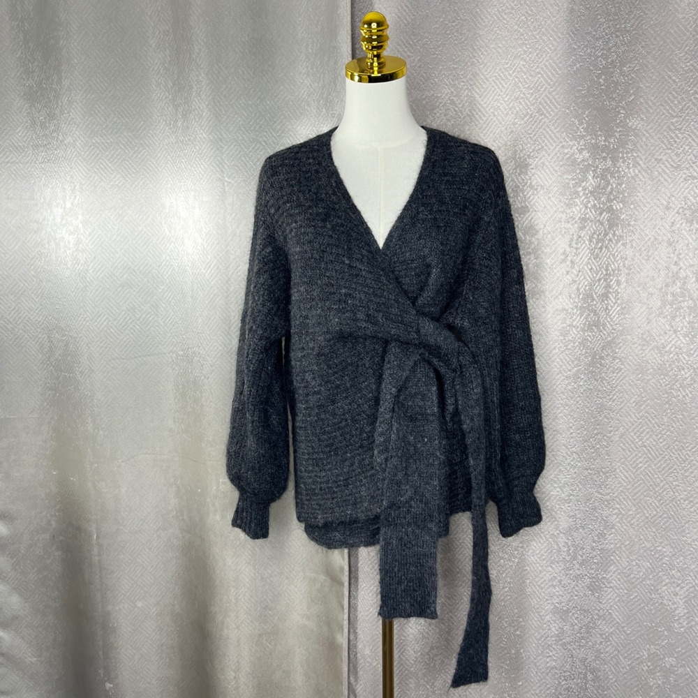 COS Women Charcoal Grey Mohair Wool Blend Wrap Tie Cardigan Sweater Size S A285A - Picture 4 of 13
